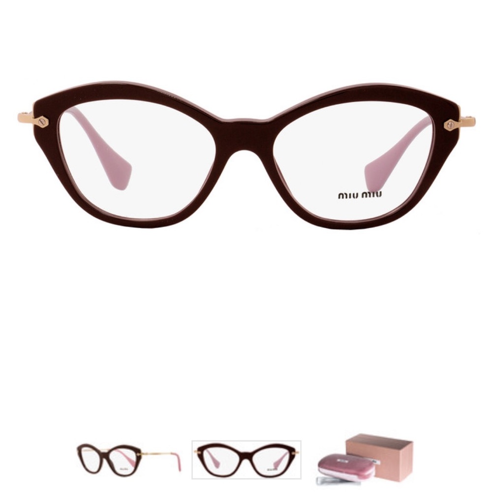 Miu Miu Brown Cat-Eye Glasses with Pink Temples and Gold Hinges